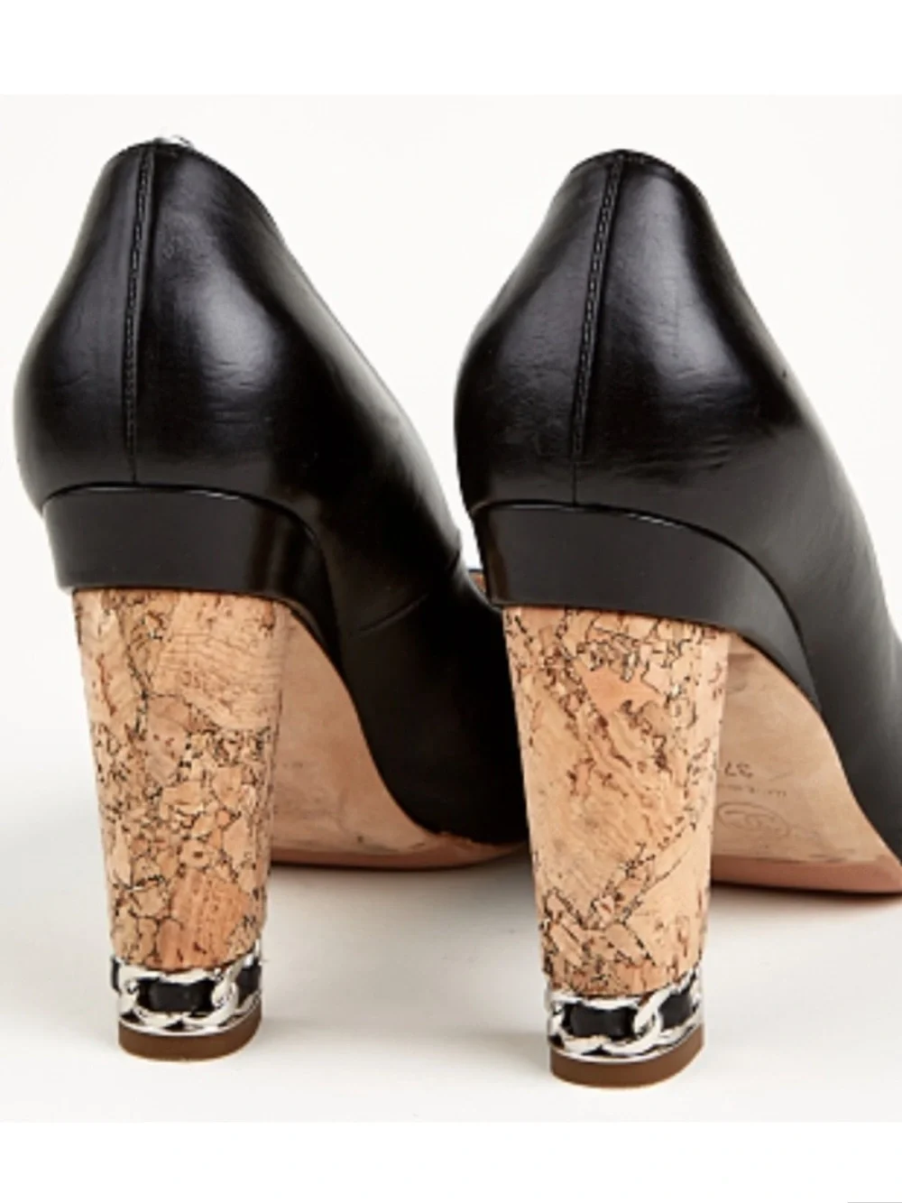 CHANEL Black Leather Cork Block Heel Peep-Toe Pumps EUC